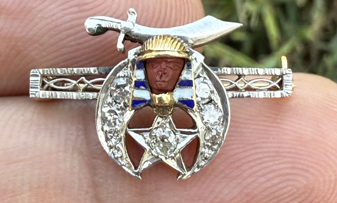 High Quality Antique 1900s Mason Masonic Egyptian Pharaoh 14k & Diamond Brooch1