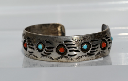 Navajo Pearlene Spencer Turquoise & Coral Bear Paw Sterling Silver Cuff Bracelet3