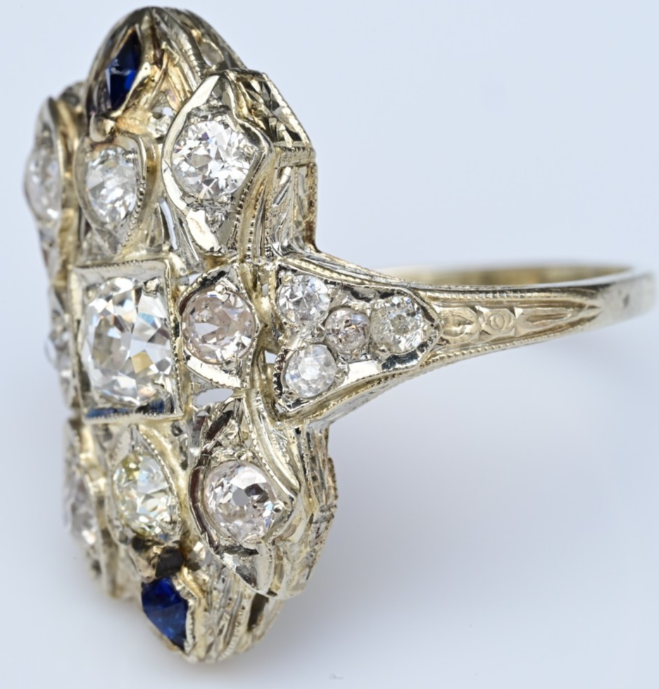 Amazing Antique Art Deco Period 18K White Gold Filigree Ring Diamonds & Sapphire2