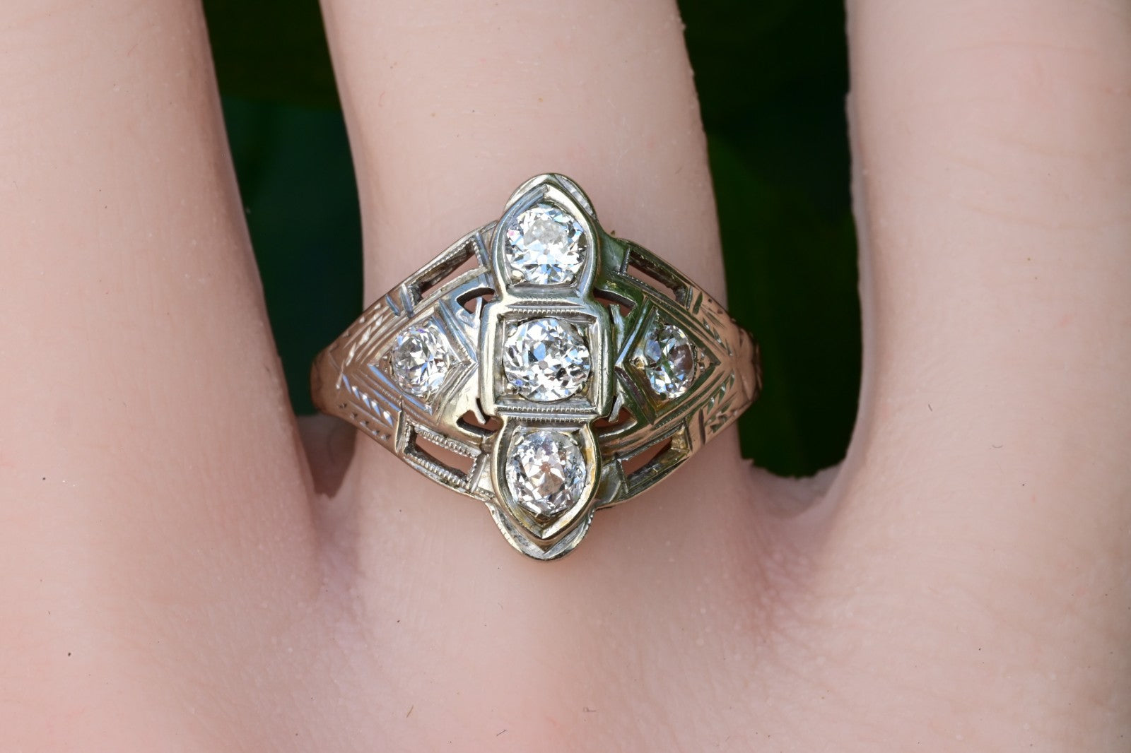Exquisite Geometric Open Filigree Art Deco Old European Cut Diamond Cluster Ring0