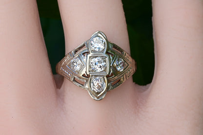 Exquisite Geometric Open Filigree Art Deco Old European Cut Diamond Cluster Ring0