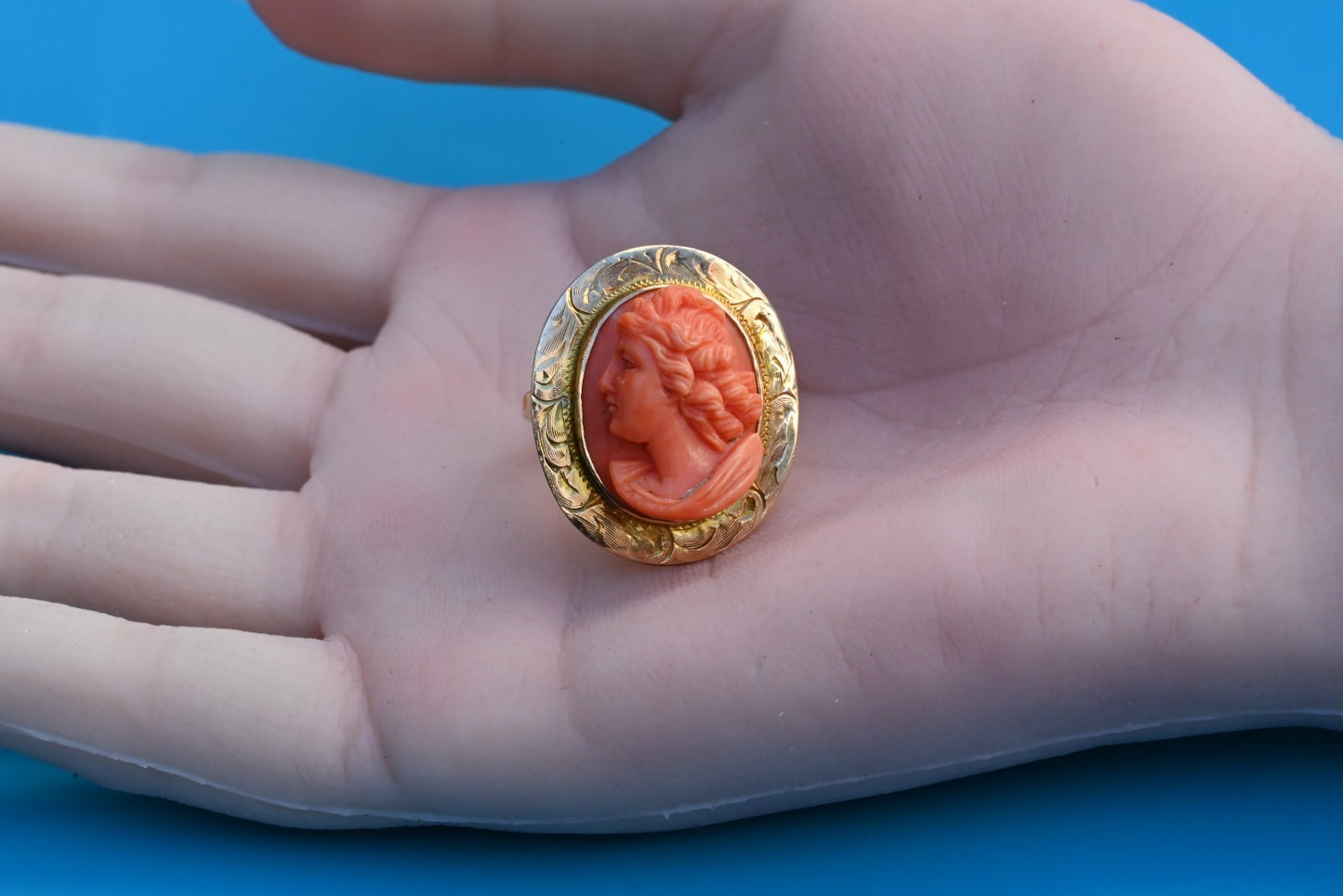 Antique 1900s Italian Carved Natural Red Coral Cameo Ring in 10K Yellow Gold6