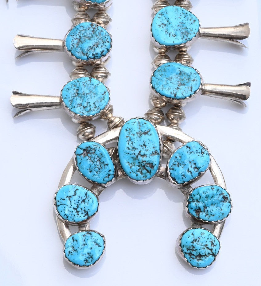 Vintage Native American Blue Turquoise & Sterling Silver Squash Blossom Necklace1