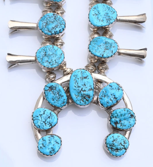 Vintage Native American Blue Turquoise & Sterling Silver Squash Blossom Necklace1