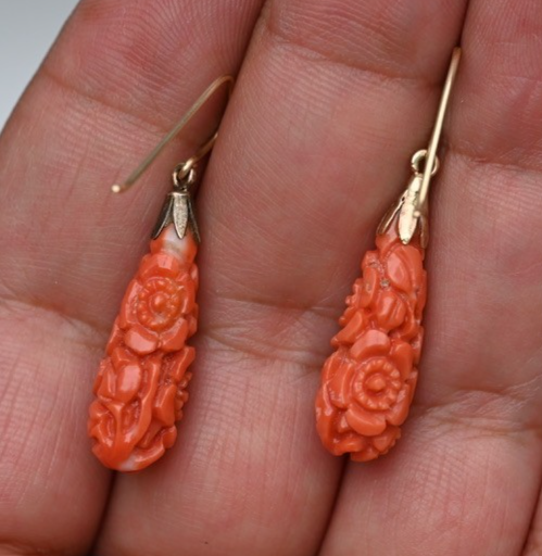 Antique Hand Carved Natural Red Coral Drop Dangle Earrings with Floral Motif 14K2