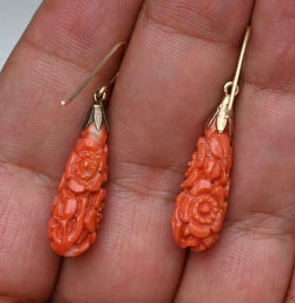 Antique Hand Carved Natural Red Coral Drop Dangle Earrings with Floral Motif 14K2