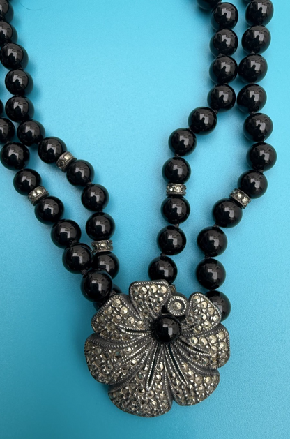 Gorgeous Double-Strand Black Onyx and Sterling Silver Marcasite Flower Necklace1