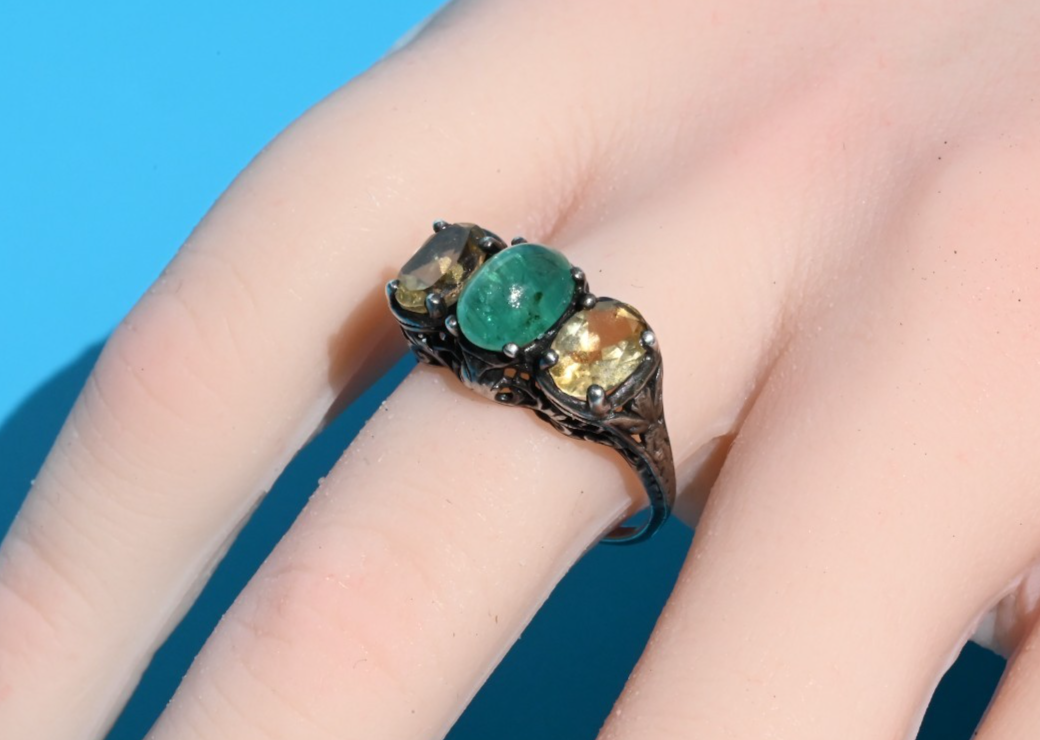 Antique Victorian / Art Deco 925 Sterling Silver Filigree w Natural Emerald Ring6
