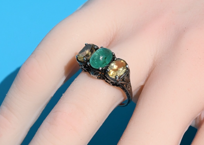Antique Victorian / Art Deco 925 Sterling Silver Filigree w Natural Emerald Ring6