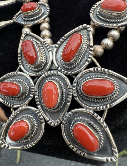 Gorgeous Native American Sterling Silver Squash Blossom Necklace with Red Coral1
