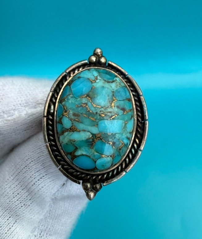 Superb Native American Signed Sterling Silver Ring w/ Turquoise Gem4
