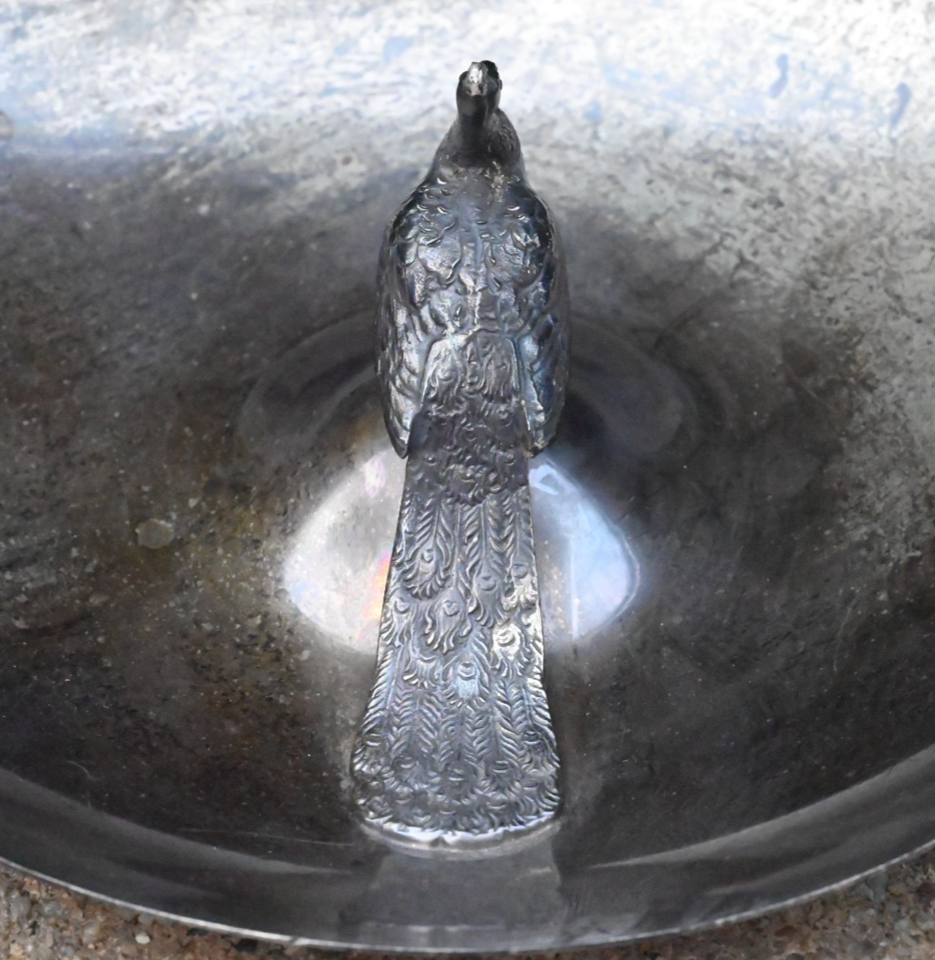 Super Beautiful Antique Early 20th Century Sterling Silver Peacock Candy Dish6