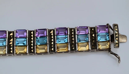 Beautiful Vintage Multi Gemstone & Sterling Silver Bracelet Marked NF4