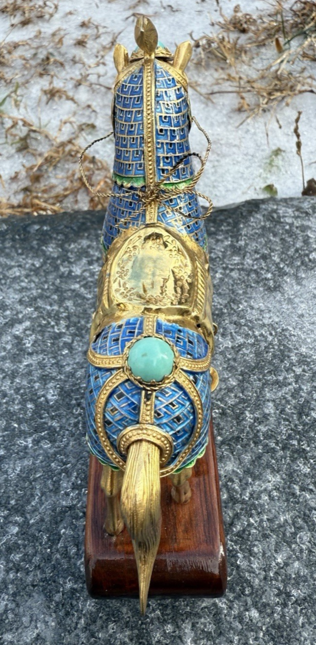 Majestic Chinese Vintage Enamel Gilt Export Silver  Horse w/ Turquoise Gems6
