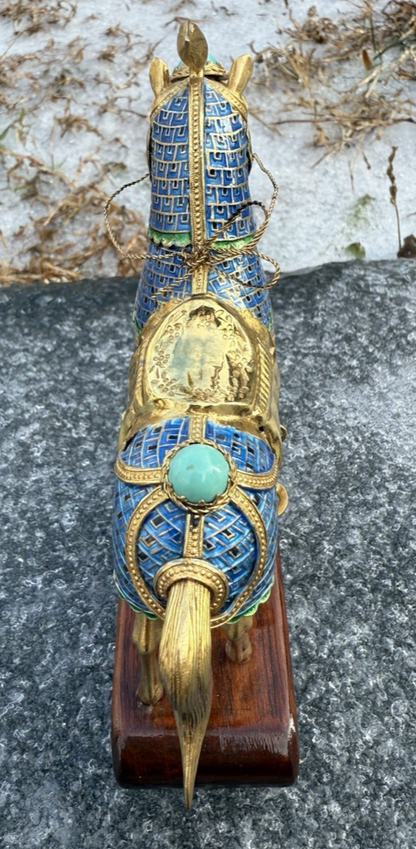 Majestic Chinese Vintage Enamel Gilt Export Silver  Horse w/ Turquoise Gems6