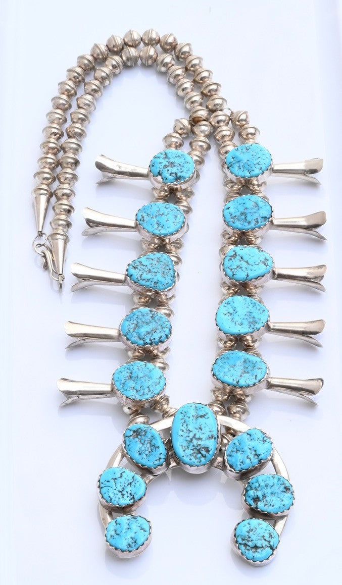 Vintage Native American Blue Turquoise & Sterling Silver Squash Blossom Necklace0