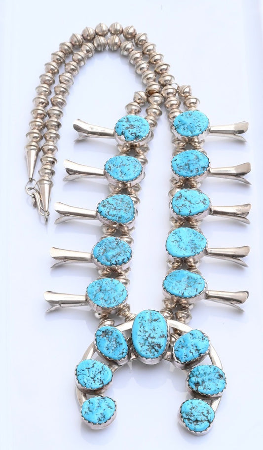 Vintage Native American Blue Turquoise & Sterling Silver Squash Blossom Necklace0