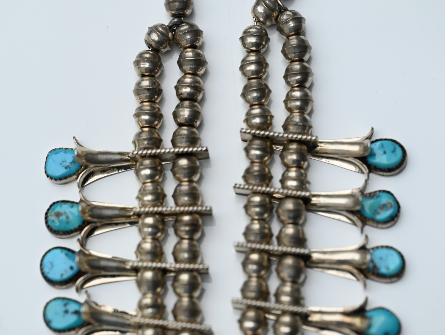 Lovely Native American Blue Turquoise & Sterling Silver Squash Blossom Necklace4