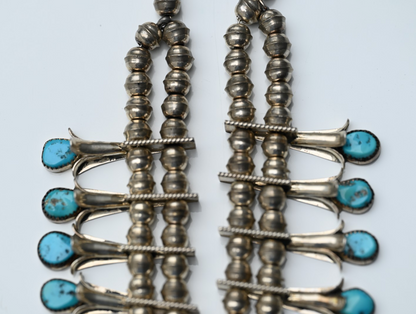 Lovely Native American Blue Turquoise & Sterling Silver Squash Blossom Necklace4