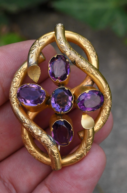 Antique Victorian-era Gold Filled Love Knot Brooch with Deep Purple Amethyst0