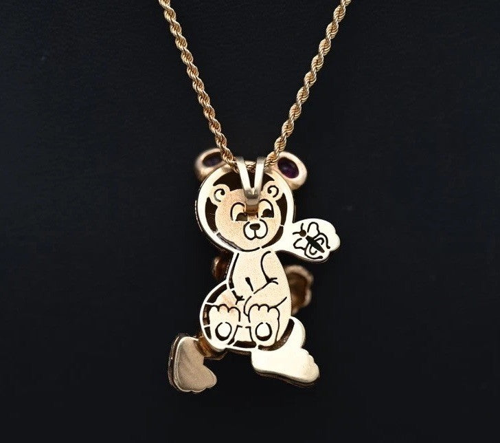 Super Cute 585 14K Yellow Gold Teddy Bear Necklace Pendant Diamond, Emerald1