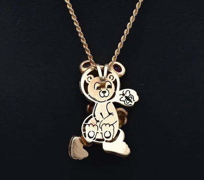 Super Cute 585 14K Yellow Gold Teddy Bear Necklace Pendant Diamond, Emerald1