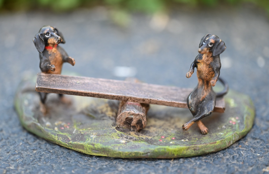 Vintage Austrian Vienna Cold Painted Bronze of Dachshund Dogs Playing Seesaw0