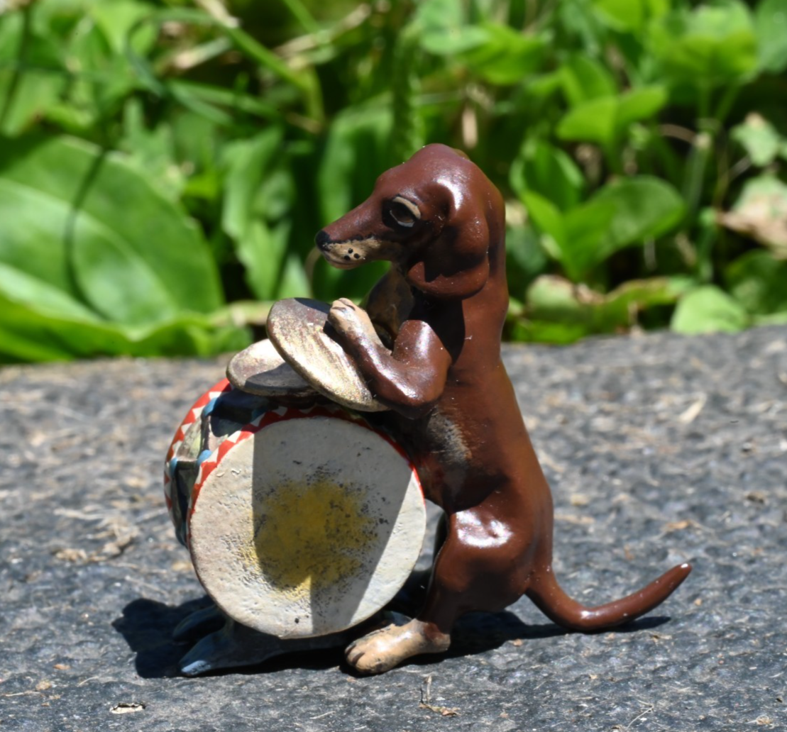 Fritz Bergmann Austrian Vienna Cold Painted Bronze Musical Dachshund w/ Drum4