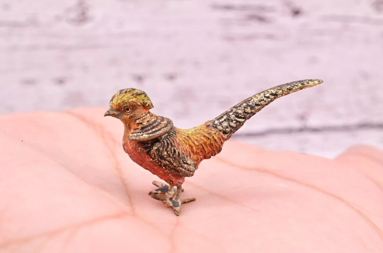 Gorgeous Antique Austrian Vienna Cold Painted Bronze Figure of Little Pheasant0