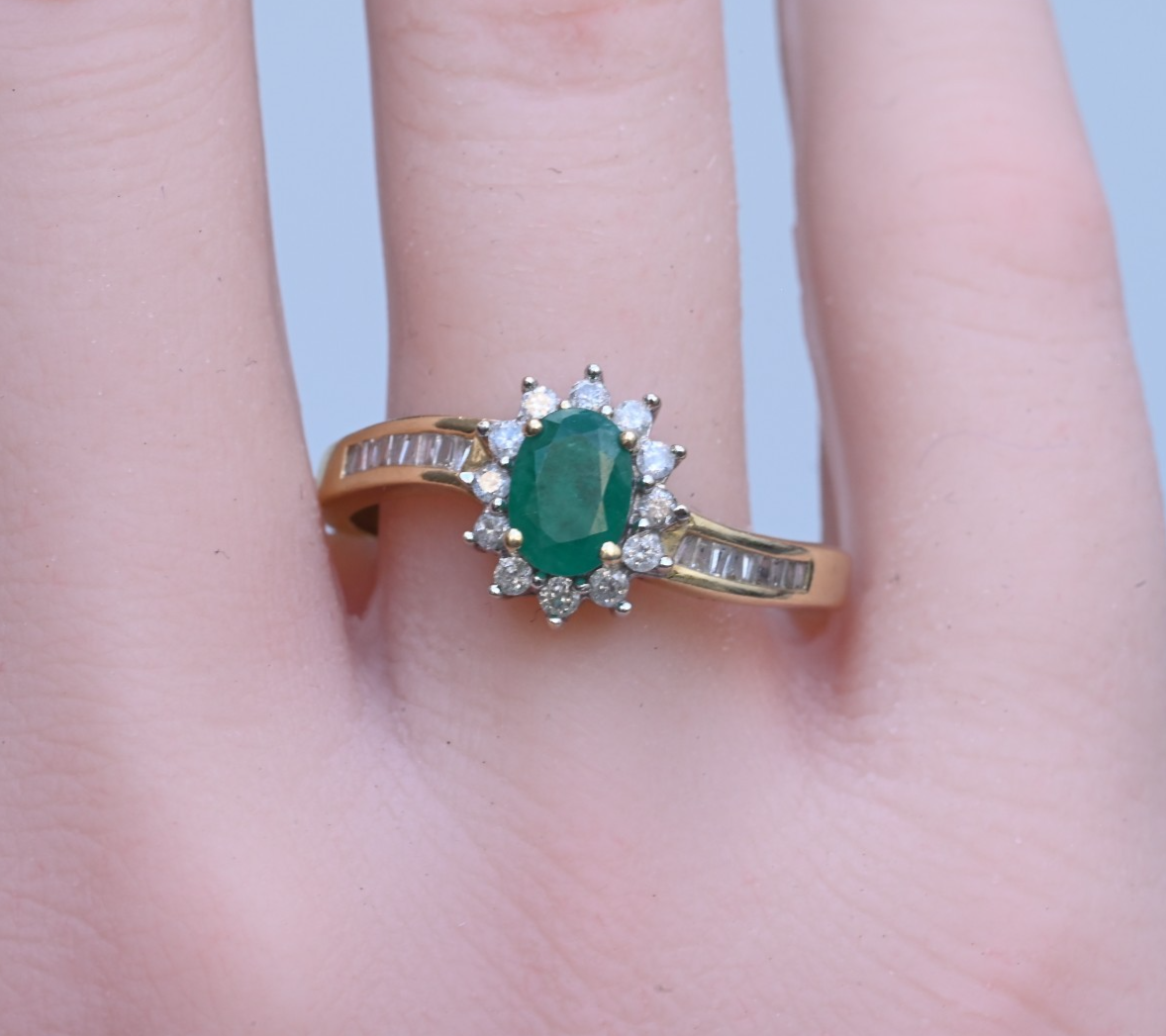 Gorgeous Vintage Oval Emerald Ring with Halo of Diamonds in 14K Yellow Gold4