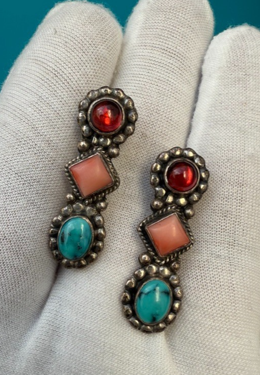 Pair of Native American-style Dangle Earrings with Turquoise and Coral Gems4