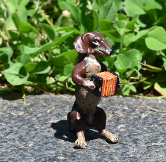 Fritz Bergmann Austrian Vienna Cold Painted Bronze Musical Dachshund w Accordion1