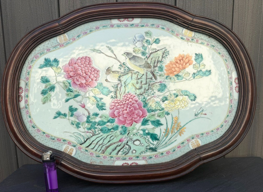 Large 20" Chinese Antique 1900s Porcelain Serving Tray with Enameled Black Birds1
