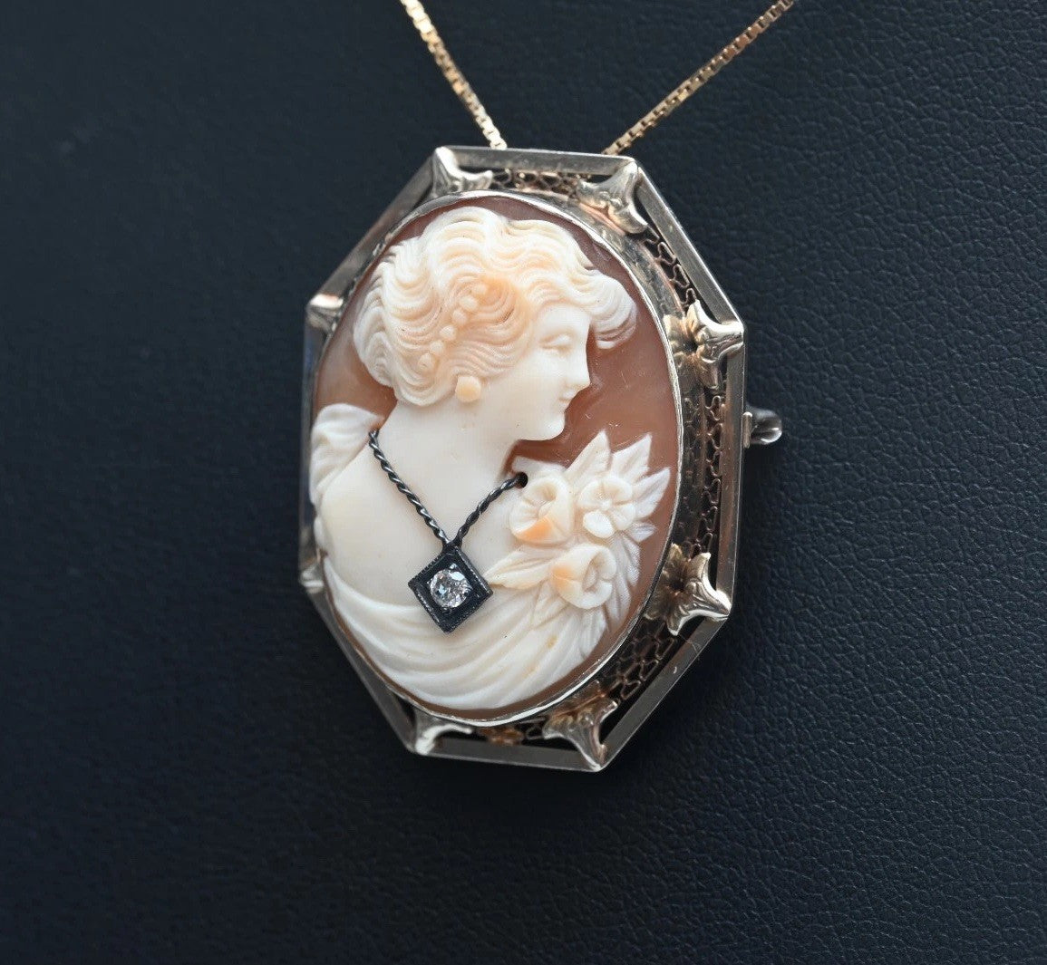 Gorgeous Carved Shell Cameo Brooch Pendant With Diamond Necklace 14K White Gold1