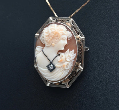 Gorgeous Carved Shell Cameo Brooch Pendant With Diamond Necklace 14K White Gold1