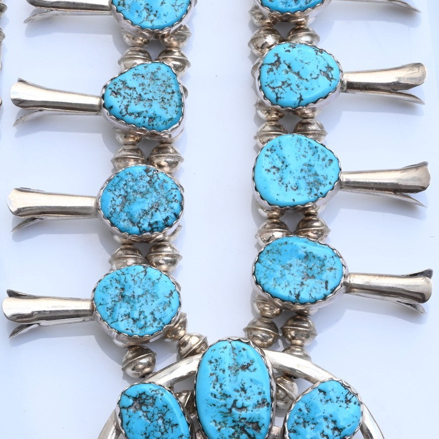 Vintage Native American Blue Turquoise & Sterling Silver Squash Blossom Necklace6