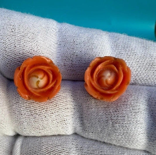 Gorgeous Antique 1900s Natural Carved Floral Motif Coral & 14k Gold Earrings0