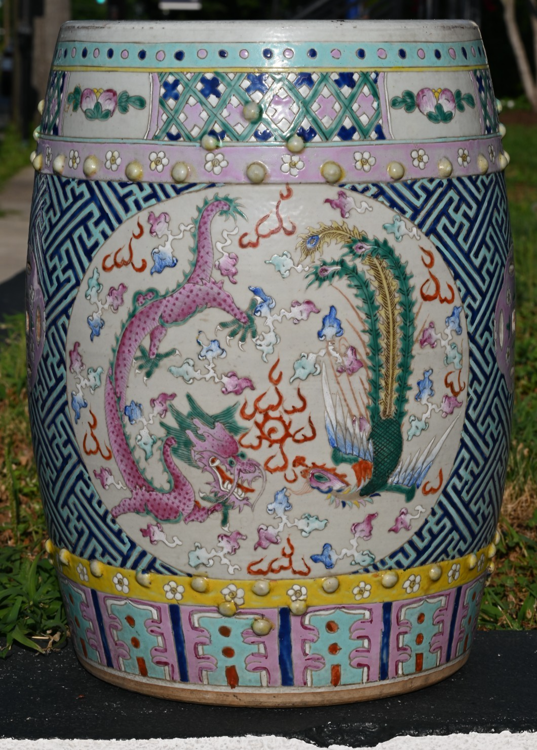 Antique Hand Painted Porcelain Garden Seat / Drum Stool Dragon & Phoenix Design3