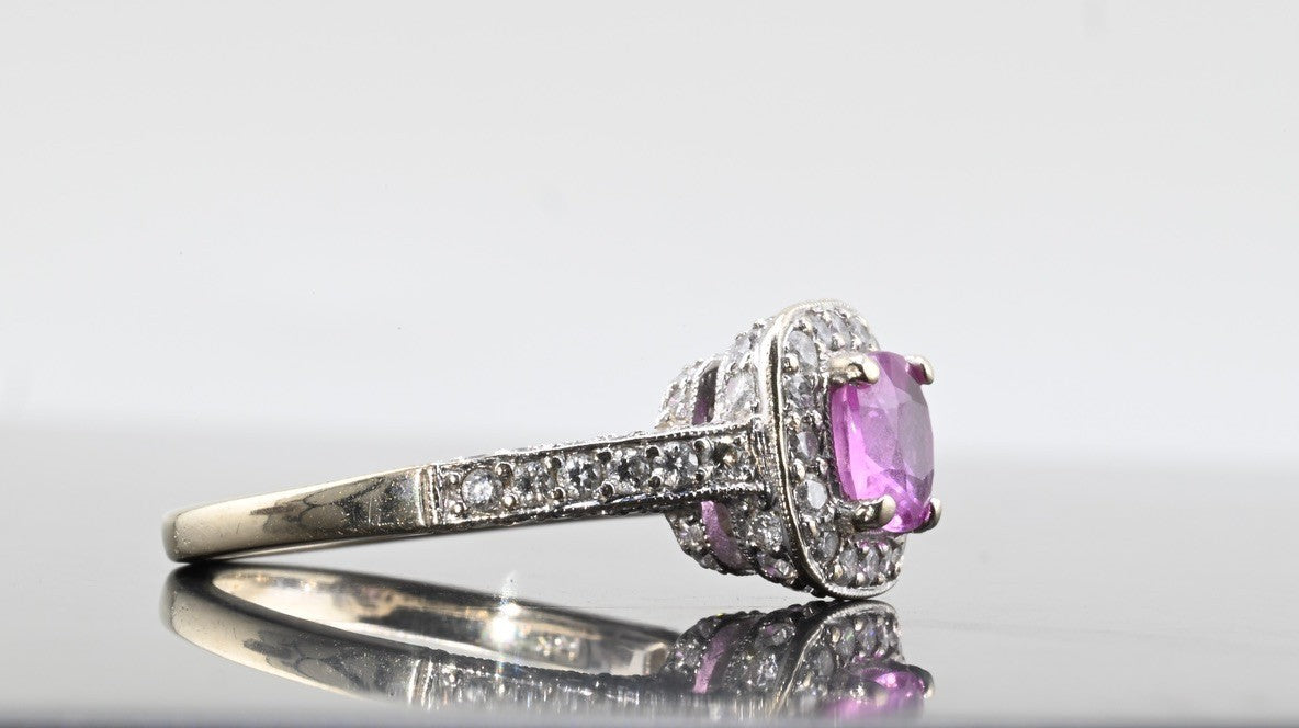 Vintage 1 ct Natural Pink Sapphire & Halo Diamond Ring 14K W  Gold IGI Certified7