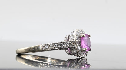 Vintage 1 ct Natural Pink Sapphire & Halo Diamond Ring 14K W  Gold IGI Certified7
