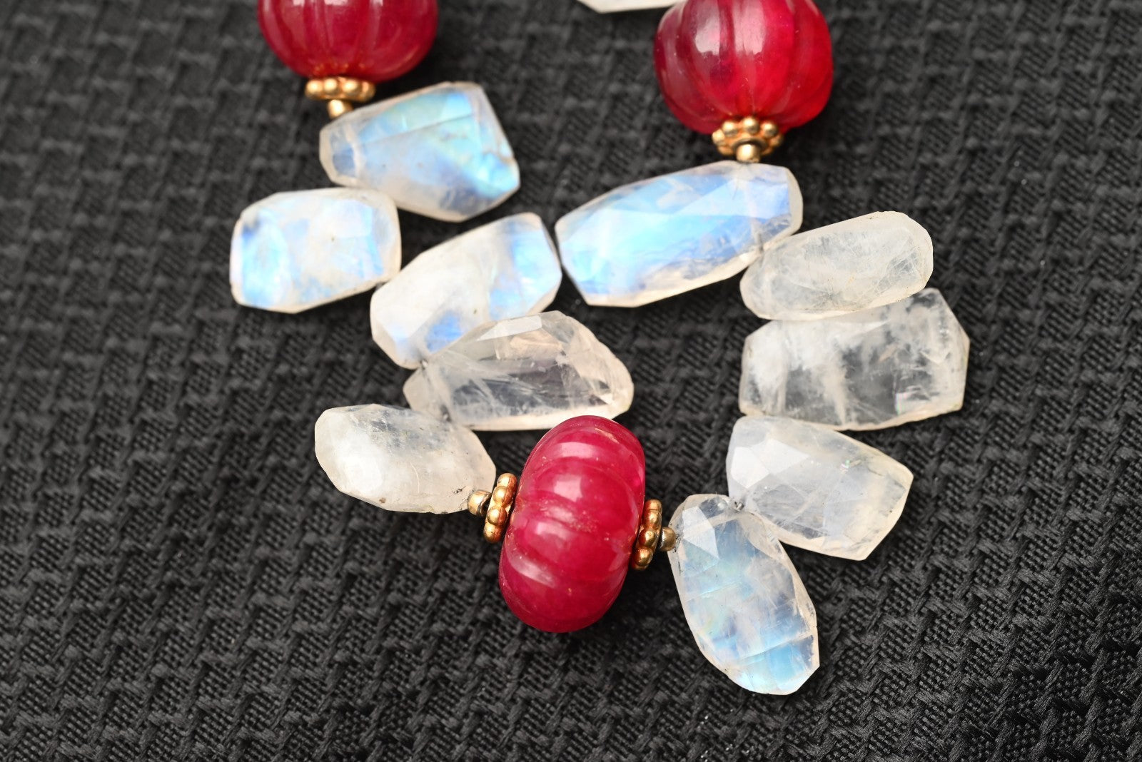 Gold Gilt Sterling Silver Necklace with Moonstone Petals & Red Ruby Gems8