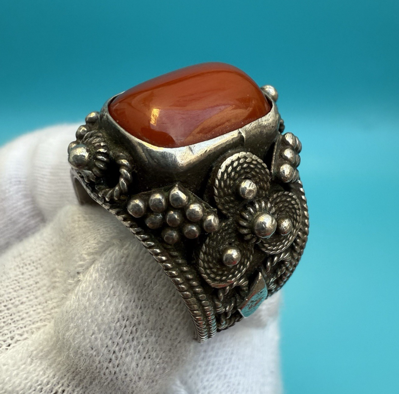 High Quality Tribal Fine Silver Ring w/ Red Carnelian Gemstone3