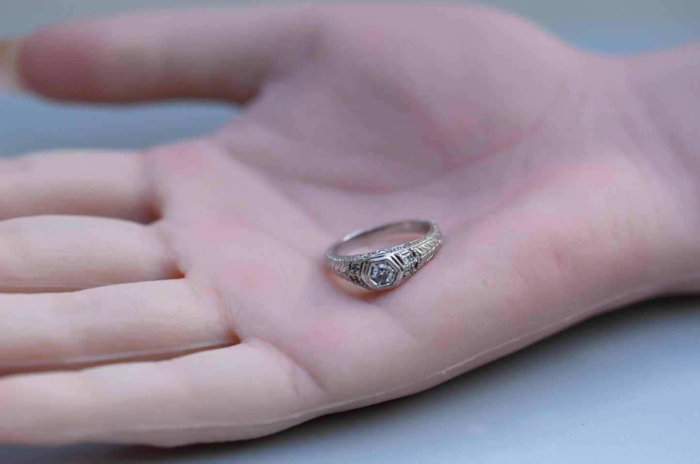 Intricate 14K White Gold Diamond Ring Geometric Hexagon Filigree Design by RLM6