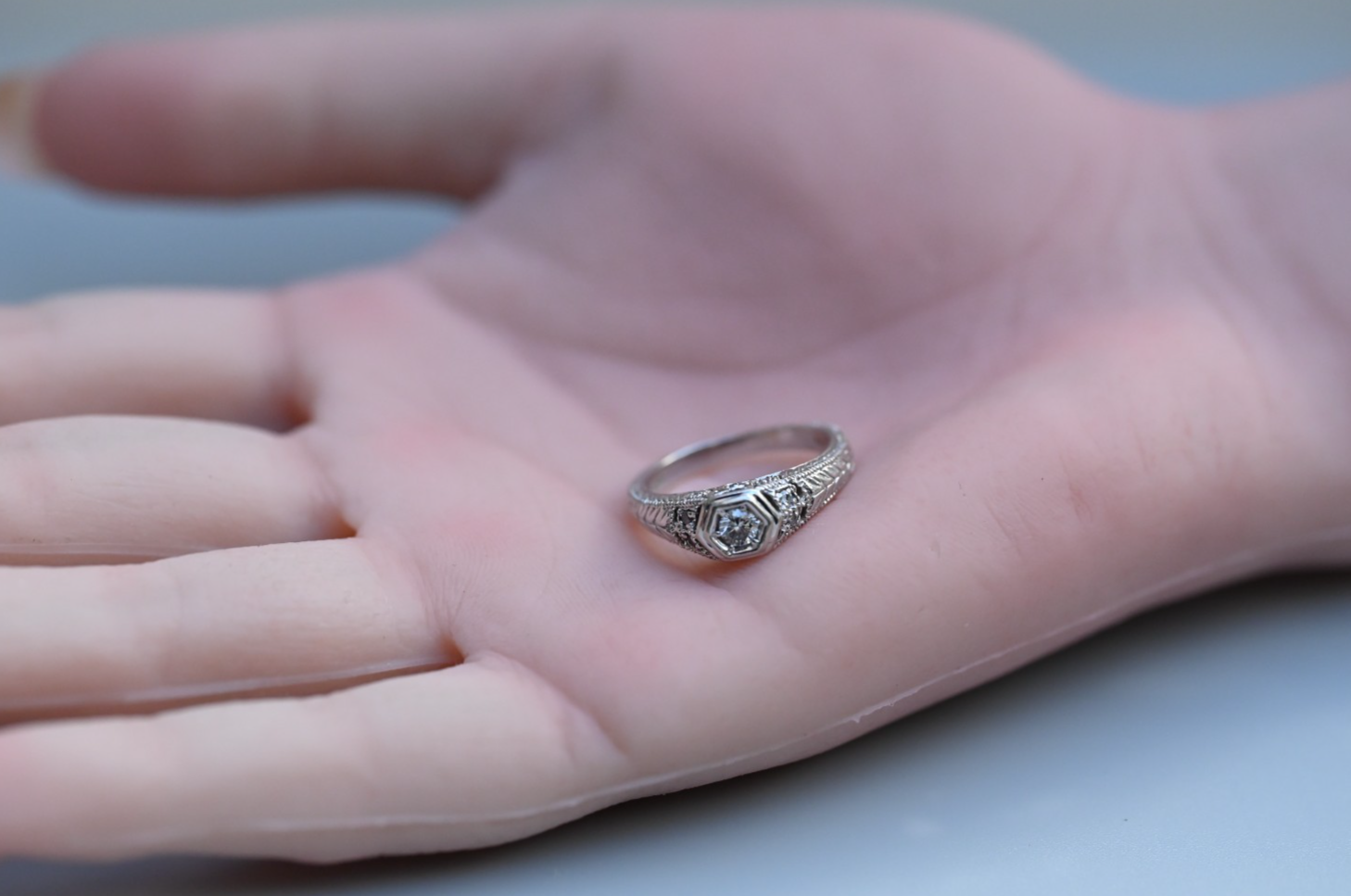 Intricate 14K White Gold Diamond Ring Geometric Hexagon Filigree Design by RLM6