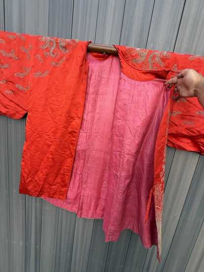 Antique Qing Dynasty Chinese Metallic Silk Embroidery Dragon Robe In Red Color15