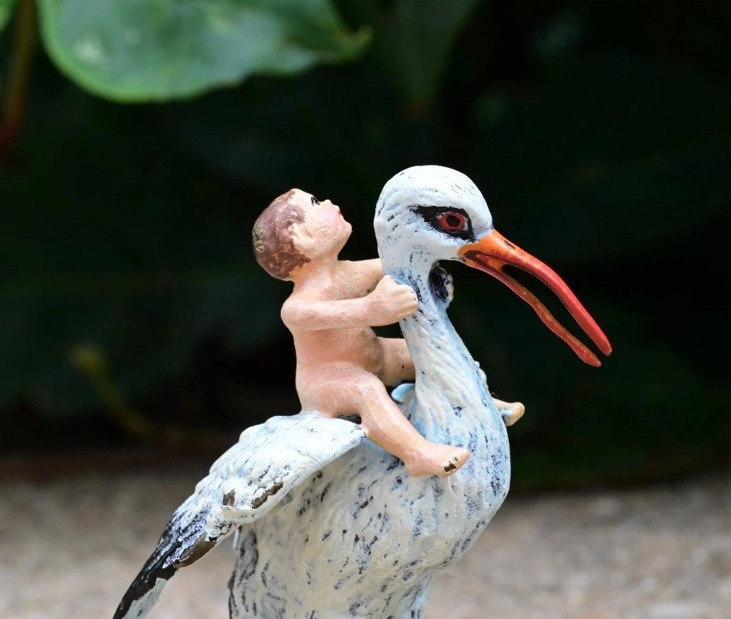 Rare Austrian Vienna Cold Painted Bronze Stork With Baby & Four Leaf Clover6