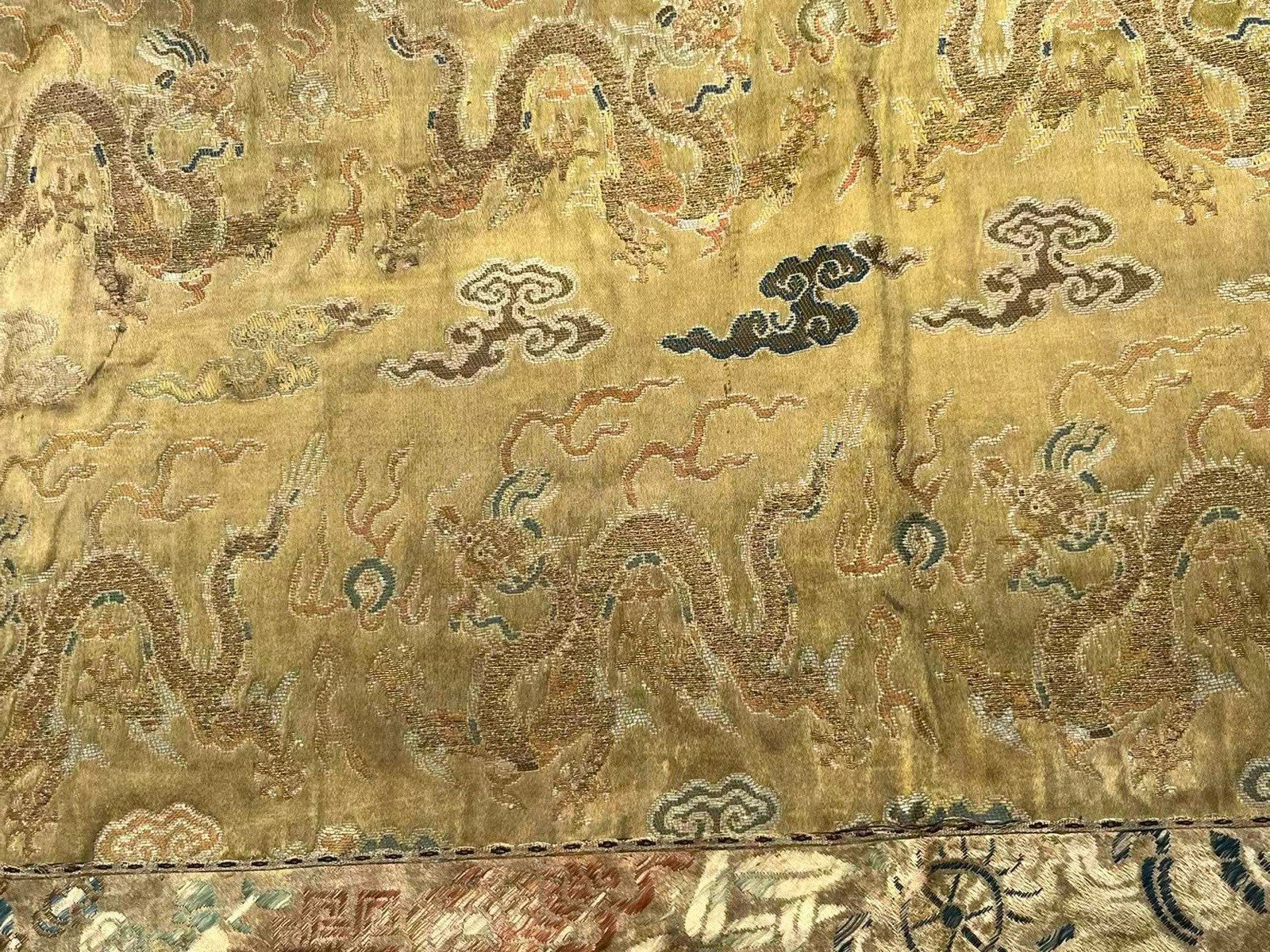 Early Antique Qing Dynasty Chinese Yellow Silk Brocade Panel with Gold Dragons6