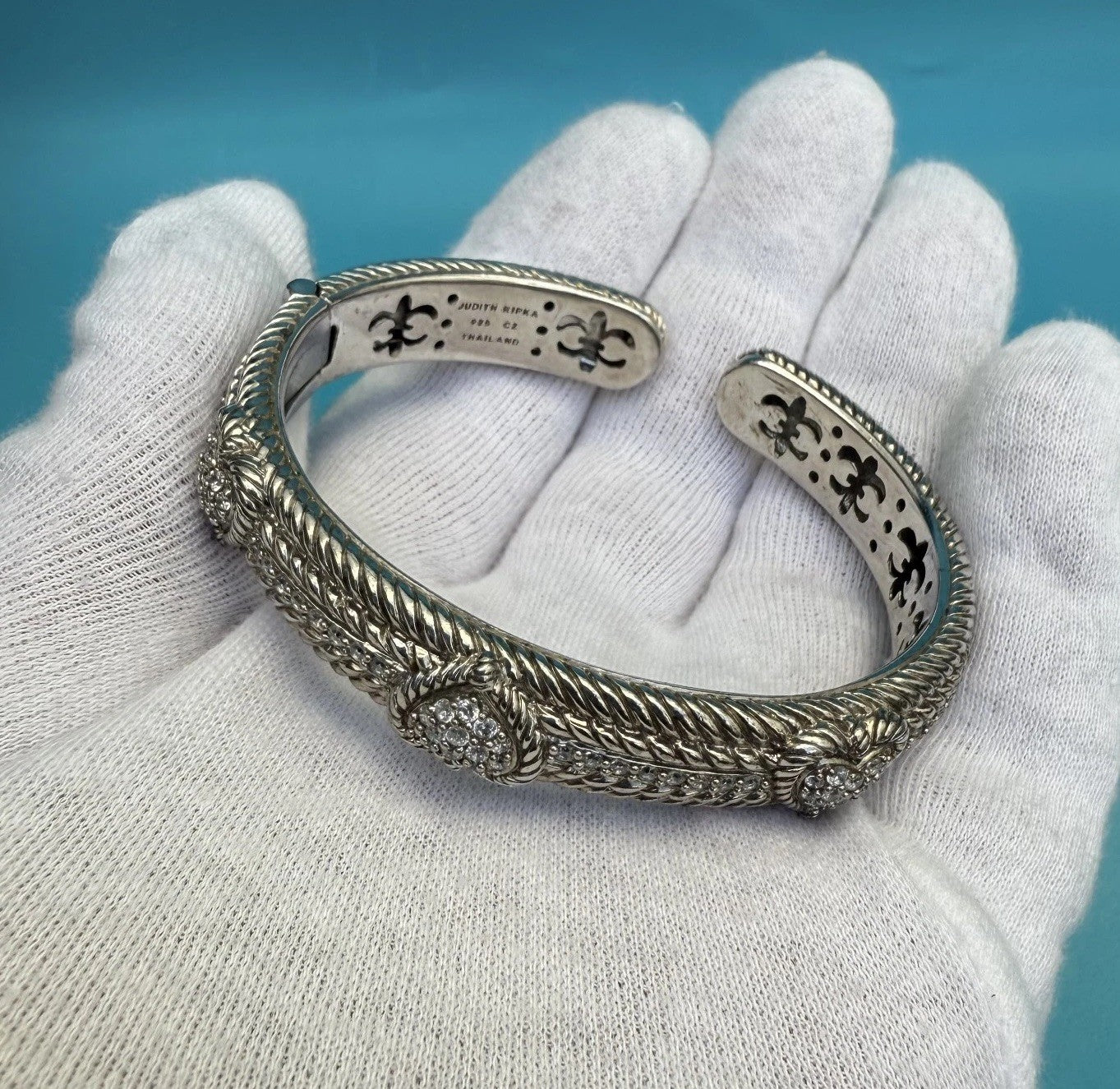 Judith Ripka Sterling Silver Pave Set CZ Heart Hinged Bangle Bracelet4
