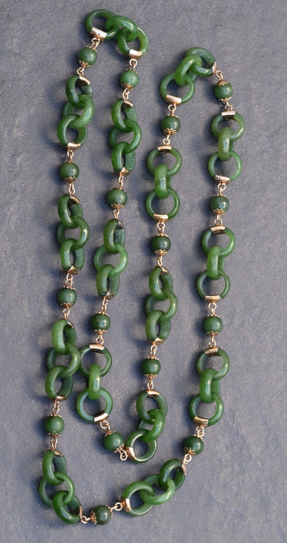 Antique / Vintage Light Spinach Natural Green Jade Devils Work Link Necklace0