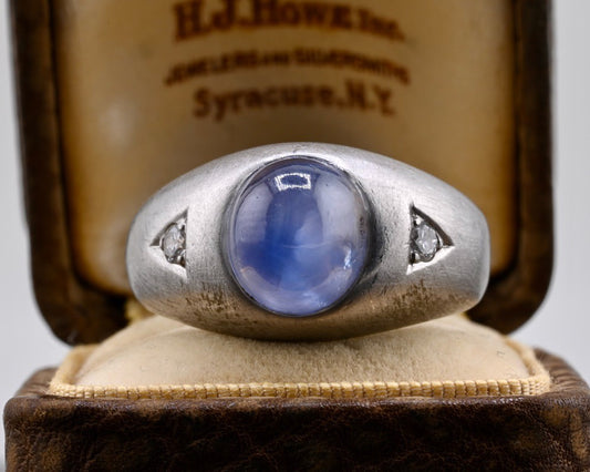 Art Deco 7.5 ct Blue Star Sapphire Cabochon Platinum Ring With Diamond Accents0